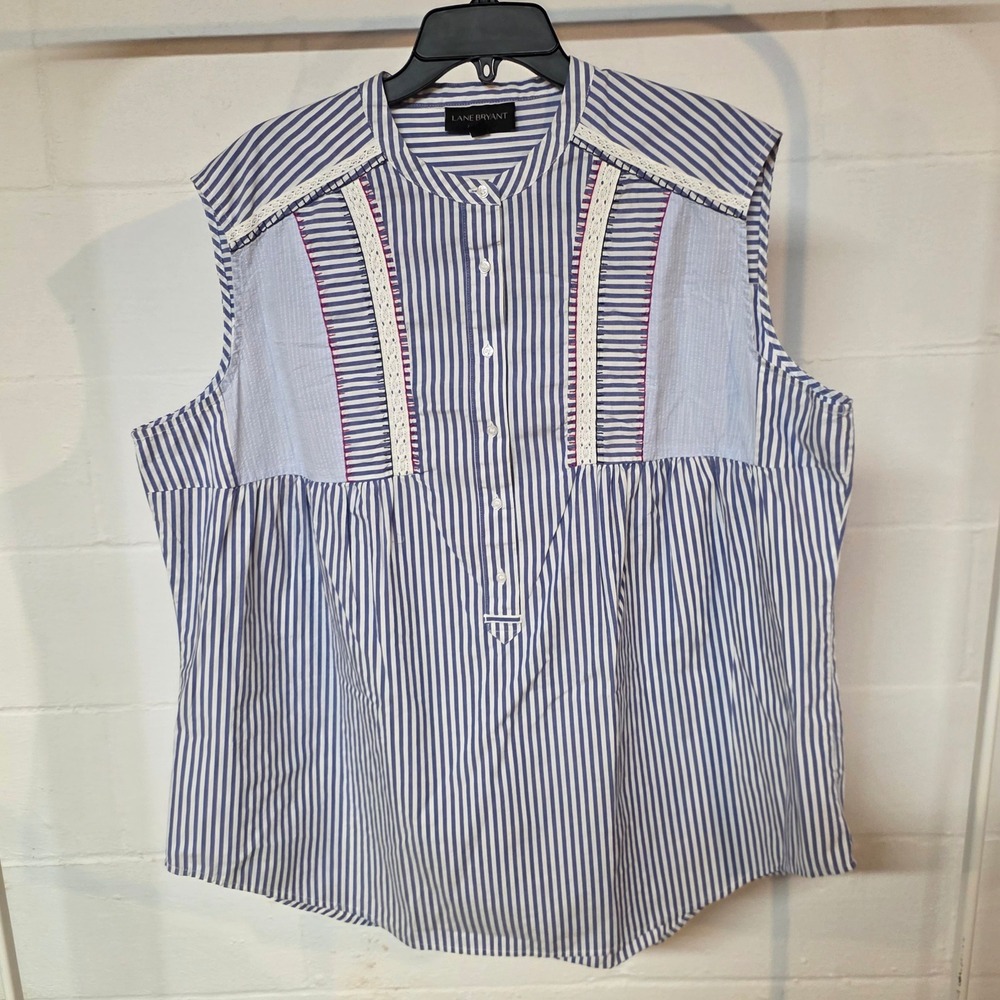 Lane Bryant Blue White Striped Sleeveless Lace Trim Blouse Plus Size 22 Preppy